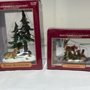 2 SANTA'S WORKBENCH COLLEC. Resin Accessory - Deer, Raccoon, Pine Trees w/Boxes